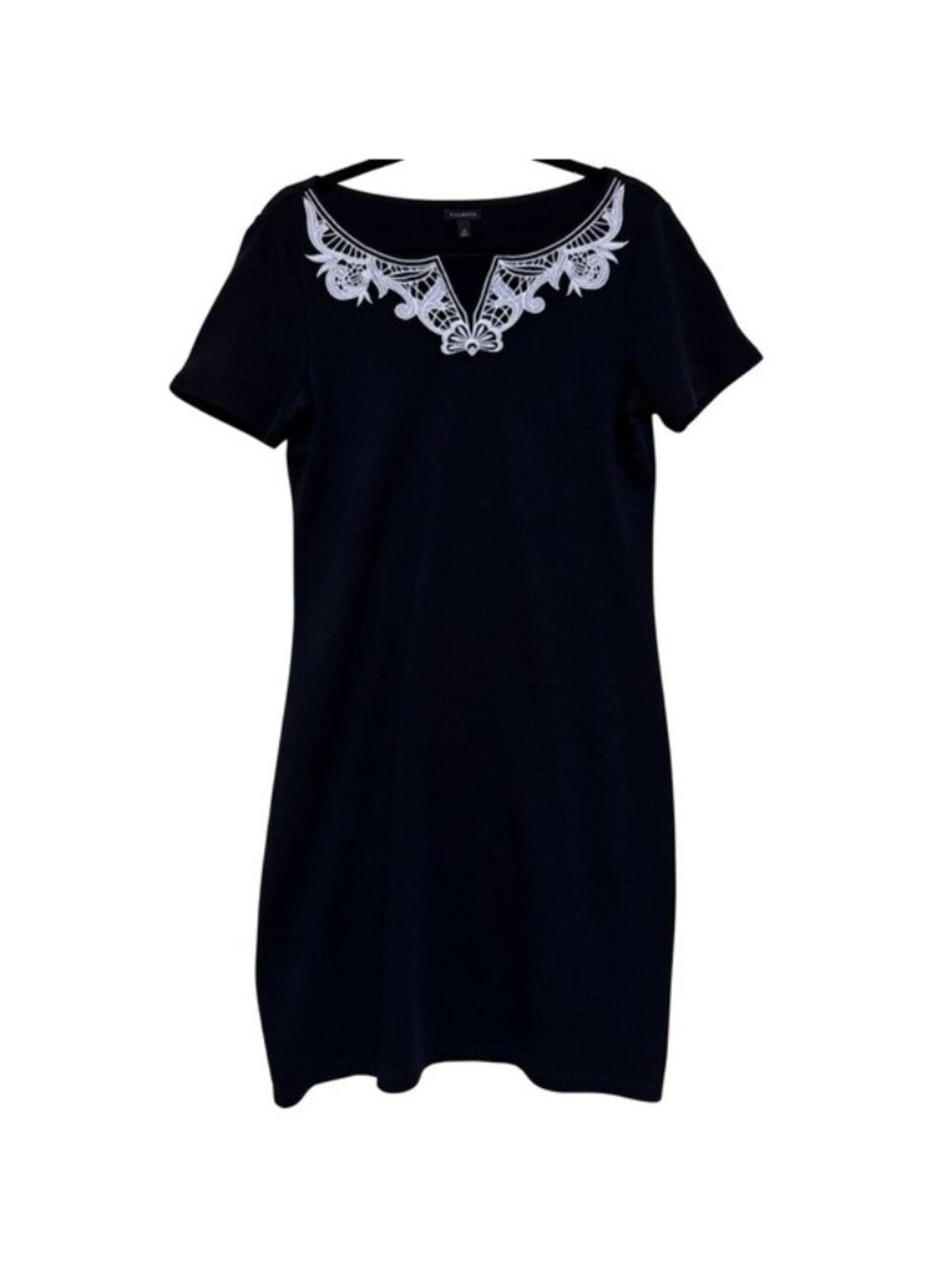 Talbots Dress Size M Black Cotton Knit White Lace Applique Round V-Neck Classic